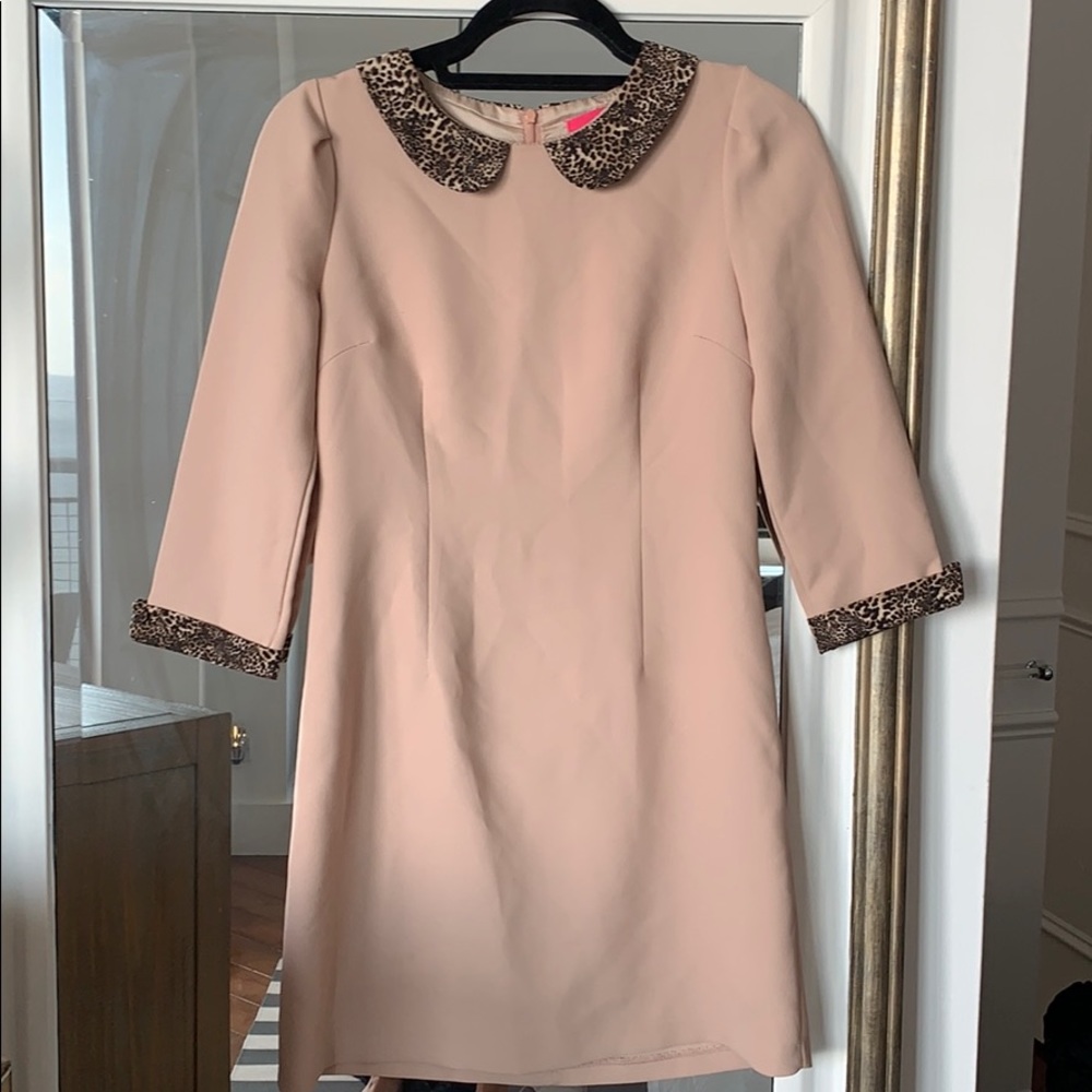 Tan dress with leopard trim
